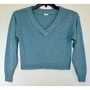 GARAGE Sweater Womens Sz XS  Teal V Neck Pullover Cropped Knit Lightweight Top